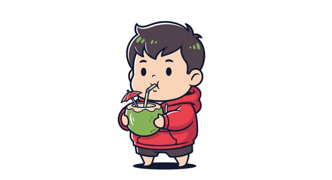 Cute cartoon boy drinking from green cup with straw.