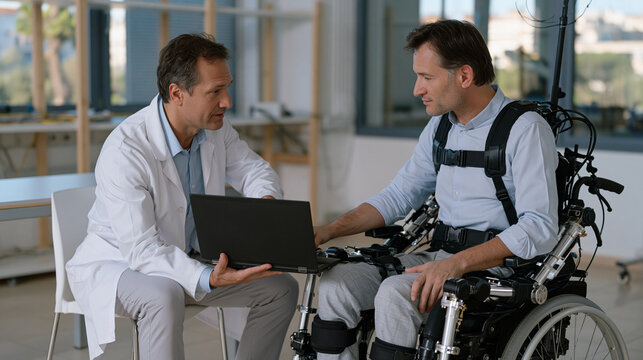 Robotics engineer fine-tuning gait algorithm on lower limb exoskeleton worn by paraplegic trial participant in university biomechanics lab, spinal cord injury rehabilitation research, wearable robot