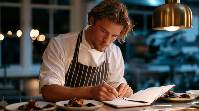 Restaurant kitchen brigade preparing harvest menu tasting, executive chef plating beet preparations six ways down pass, staged silence before service begins, moody warm kitchen lighting, autumn ingr
