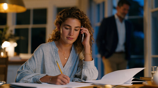 Teenage daughter doing back-to-school homework at the dining table while her startup founder father paces behind her on a tense phone call, separation between family warmth and work pressure visible