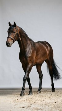 Brown horse standing on sandy ground isolated