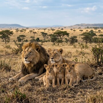 Lion family resting together in savannah grassland