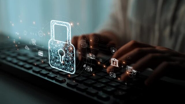 Cybersecurity protection system showing password encryption, fingerprint ID, cloud security, email, credit card, and database lock for secure data access Marrow