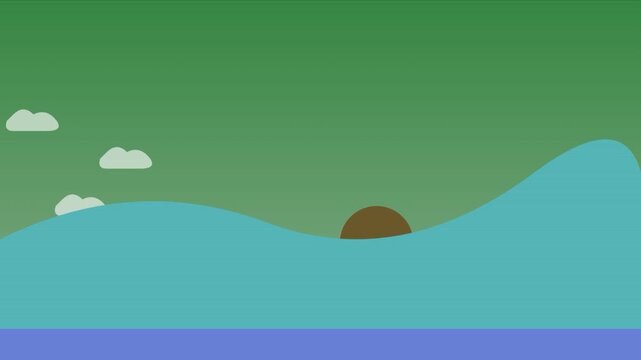 Abstract landscape with rolling hills and sun passing behind clouds.