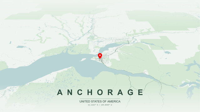 Modern minimalist vector map of Anchorage, Alaska, USA. High-quality scalable illustration of Anchorage city grid, Cook Inlet and Knik Arm waterfront, and subarctic highway networks for posters design