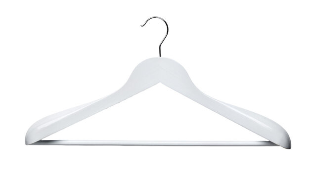 White wooden clothes hanger with metal hook, isolated on transparent background