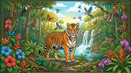 Majestic Tiger in Lush Tropical Rainforest with Waterfall and Exotic Flora & Fauna © il