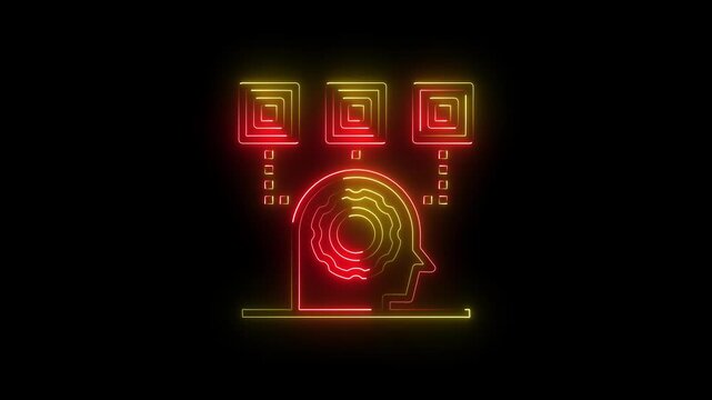 Neon glowing icon of a human head with a gear inside connected to three square data nodes, representing artificial intelligence and machine learning technology