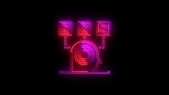 Neon glowing icon of a human head with a gear inside connected to three square data nodes, representing artificial intelligence and machine learning technology