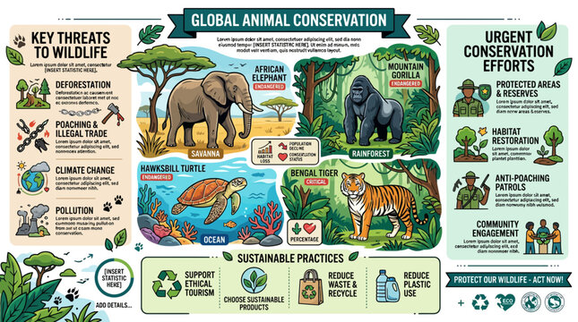 Global Animal Conservation Infographic: Wildlife Threats, Urgent Efforts, Sustainable Practices