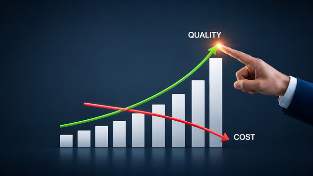 Hand of a businessman pointing at an analytical growing white bar chart representing higher business quality and a decreasing red arrow indicating lower operations cost