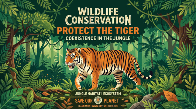 Tiger Walking in Lush Jungle Habitat, Wildlife Conservation, Protect Endangered Species