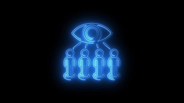 Neon glowing icon of a large eye watching over a group of people, representing surveillance, monitoring, or privacy concerns