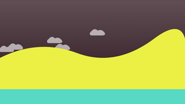 Animated cartoon landscape with flowing hills and a setting sun over the ocean.