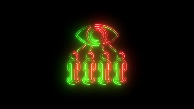 Neon glowing icon of a large eye watching over a group of people, representing surveillance, monitoring, or privacy concerns