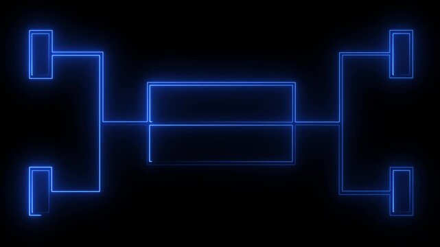 Neon glowing blue lines forming a symmetrical abstract circuit or tournament bracket diagram on a black background