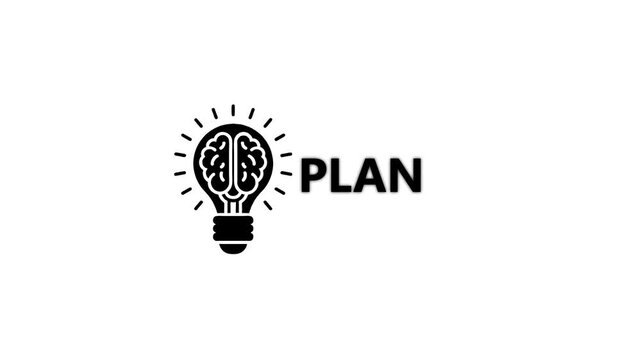 Business strategy concept: brain light bulb animation with plan text