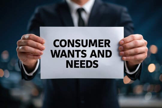 Businessman showing sign about consumer wants and needs concept