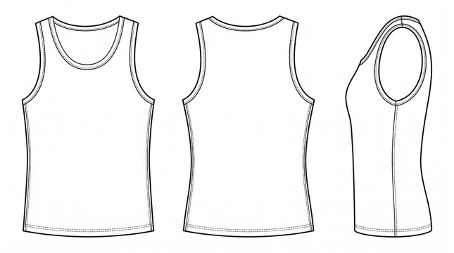 Blank Tank Top Vector Technical Illustration Flat Sketch with Front Back and Side Views for Apparel Design Mockup Templates and Fashion Production CAD