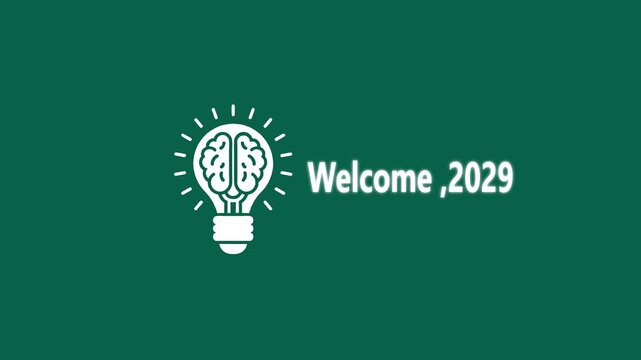 Welcome 2029 creative idea concept with glowing brain light bulb animation