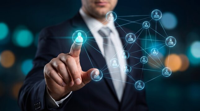 Corporate leader connecting digital human resources network hologram