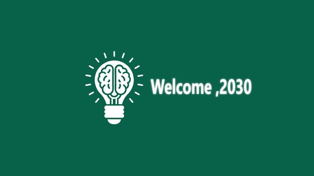 Welcome 2030 creative idea concept with glowing brain light bulb animation