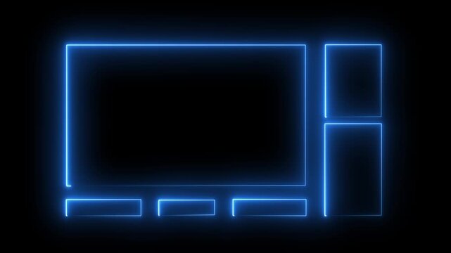 Neon glowing frames layout for streaming or video overlay, futuristic digital interface elements on black background