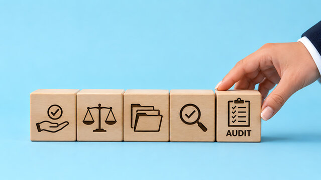An auditor hand arranging wooden cubes with business audit compliance regulatory standards icons on a solid blue background for financial verification and corporate assessment