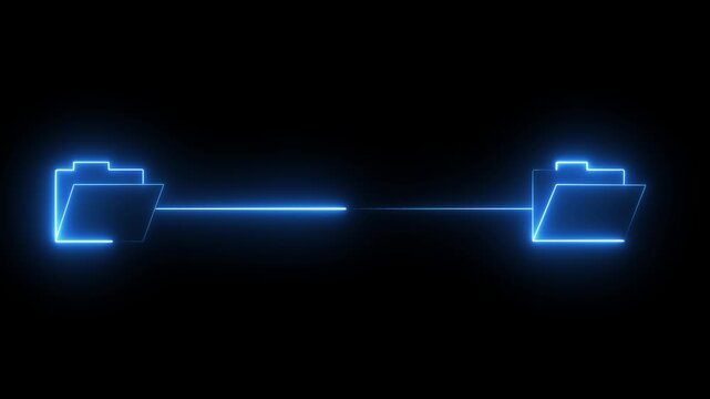 Neon blue glowing folder icons connected by a line representing data transfer, file sharing, network connection, or cloud backup on a black background