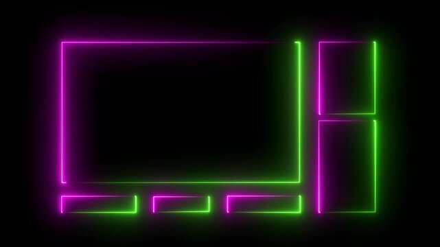 Neon glowing frame overlay with multiple rectangular sections for streaming or video content layout