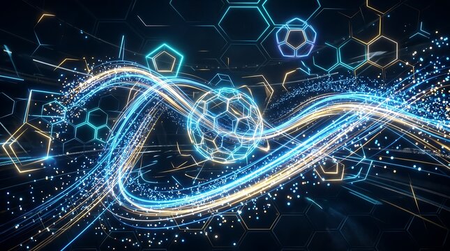 Abstract football motion graphics background featuring a glowing digital soccer ball surrounded by energetic neon light trails and hexagons