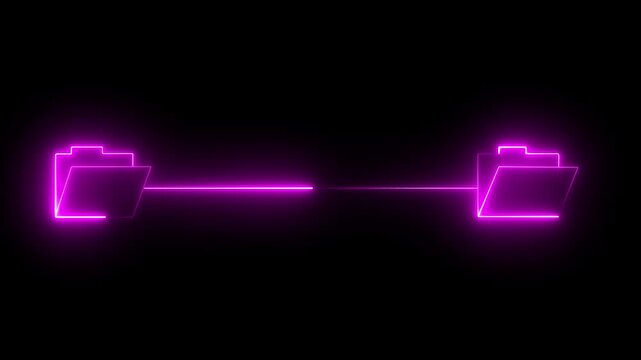Neon purple glowing folder icons connected by a line representing data transfer, file sharing, network connection, or cloud backup on a black background