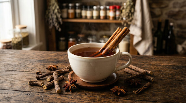 Herbal tea in white cup with cinnamon sticks and anise on rustic wooden table