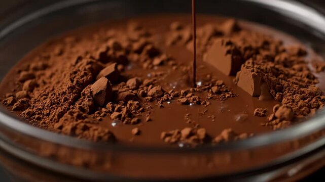 Liquid chocolate pours onto a mound of rich cocoa powder. Creating a delicious, smooth, and decadent chocolate mixture.
