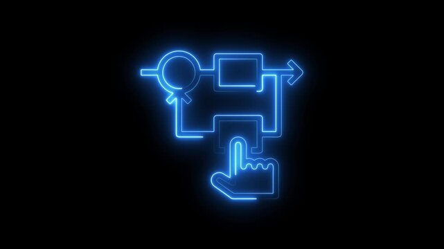 Neon glowing icon of a workflow process with a hand cursor interacting with a step, representing automation or interactive task management
