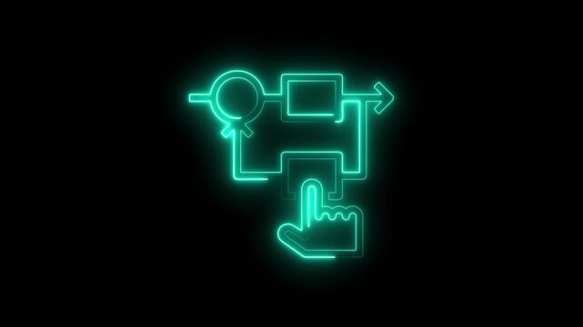 Neon glowing icon of a workflow process with a hand cursor interacting with a step, representing automation or interactive task management