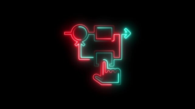 Neon glowing flowchart icon with a hand pointer selecting a process step on a black background
