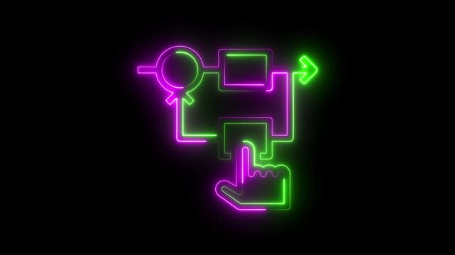 Neon glowing flowchart icon with a hand pointer selecting a process step on a black background