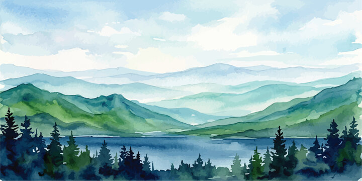Watercolor art landscape of foggy mountains and dark evergreen trees with watercolor painting mountain range landscape painting wilderness peaceful outdoors illustration