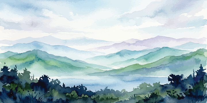 Watercolor scenery of mountains and lake with foreground pine trees watercolor image landscape painting landscape mountains painting wilderness outdoors illustration environment