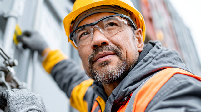 Commercial stock photo, action shot of an adult Asian industrial security specialist, late 30s, realistic face, serious analytical expression, wearing full PPE including yellow saf
