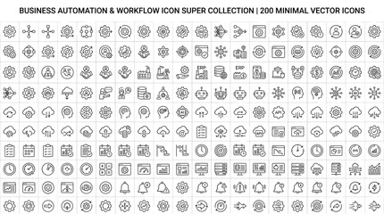 Fototapeta premium Business Automation and Workflow Thin Line Icon Super Collection, Minimal Monochrome Vector Symbols for Process Management, Productivity, Cloud Computing and Digital Operations