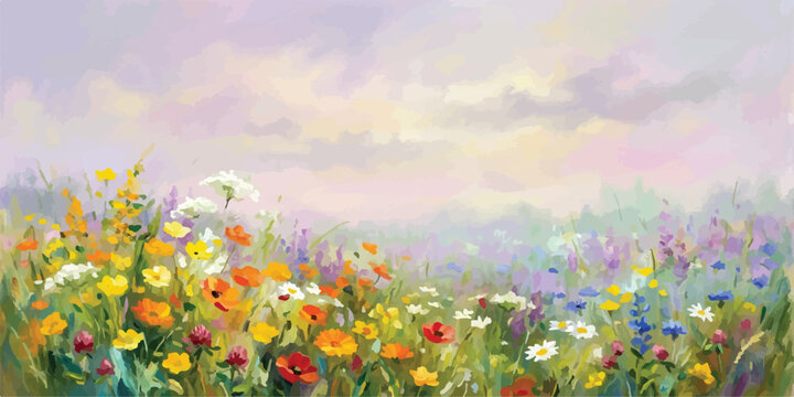 Floral field impressionist painting style with wildflowers painting impressionism colorful botanical pastoral brushstrokes textured background painterly creative blooming impressionist
