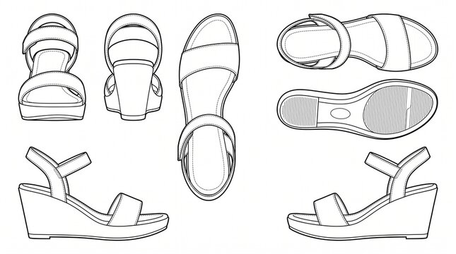 Women's Wedge Sandals Technical Fashion Flat Sketch Set - Multi-View Line Drawing Template - Front Side Back Top and Outsole Views for Apparel Design