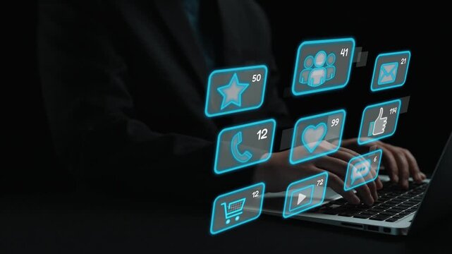 Icons representing social media interaction, communication, and engagement. Social media builds community, social media drives connection, and social media influences behavior. Marrow