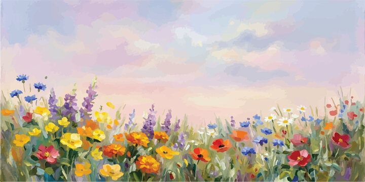 Colorful impressionist wildflower field oil painting with painting wildflowers landscape impressionism blooming brushwork textured artistic colorful botanical pastoral countryside creative