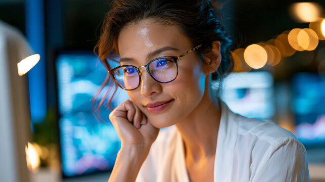 A close-up portrait of an Asian professional intensely focused while managing a complex split-screen conference call setup, soft blue light illuminating her face and data visualiza
