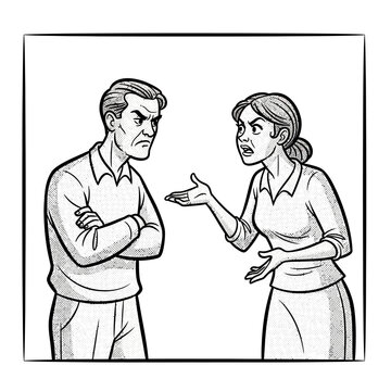 Couple arguing, man and woman with angry expressions, conflict, disagreement, controversy