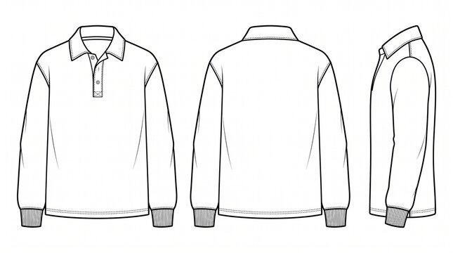 Long Sleeve Polo Shirt Technical Flat Sketch Vector Template for Men's Apparel Design - Front, Back, and Side Views Blank Polo CAD Illustration