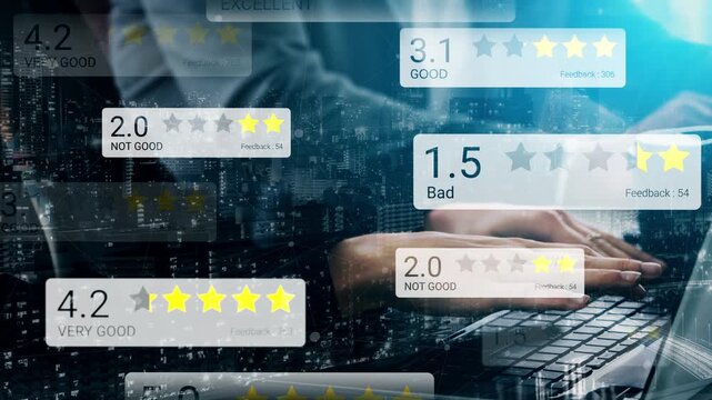 Hands Typing on Laptop Surrounded by Various Star Ratings and Feedback Scores Illustrating Customer Reviews and Online Reputation Management in a Digital Cityscape Gluon.